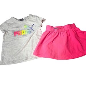 Puma Girls 2 Piece Activewear Set Grey Rainbow Logo Shirt Pink Skort Size 6